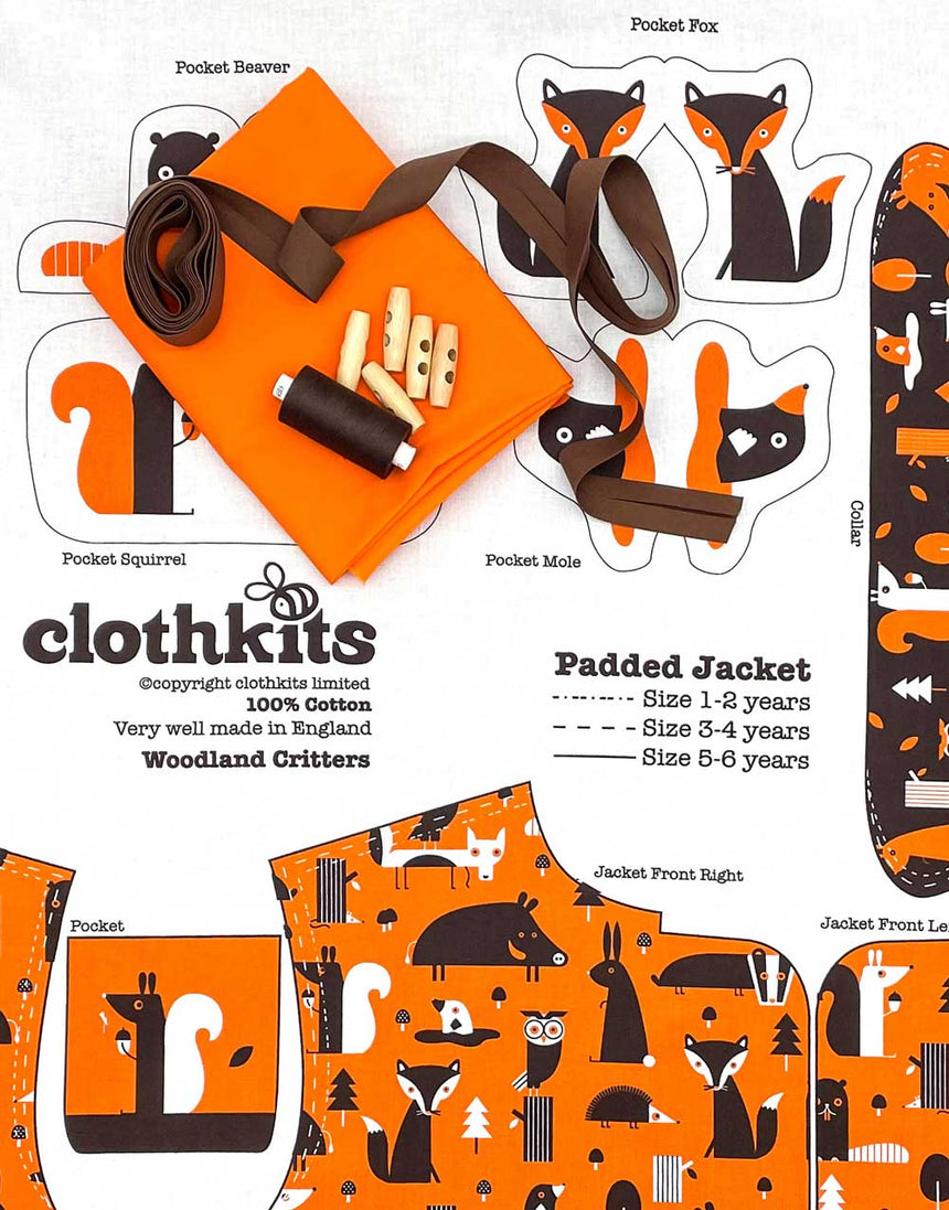 Clothkits Padded Jacket Orange Lining Woodland Critters Clothkits® Classic Padded Jacket, Children's Dressmaking Kit 30055714