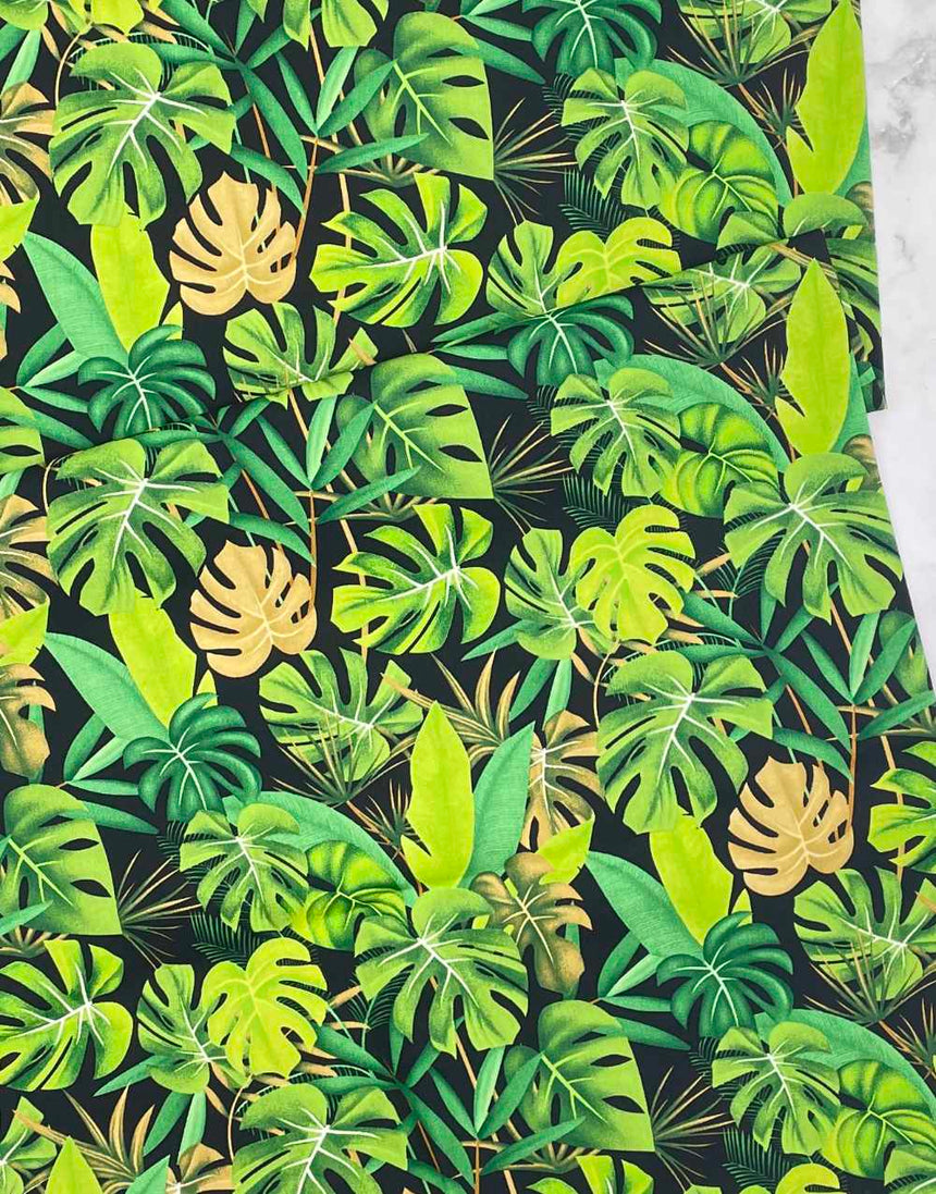 Not Specified Cotton Poplin Green / Floral Bold Palm Leaves, Printed Cotton Poplin Fabric 13434