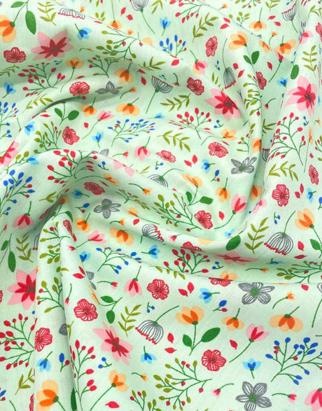 Not Specified Cotton Poplin Green / Floral Petal Flowers on Aqua Cotton Poplin Fabric 15058