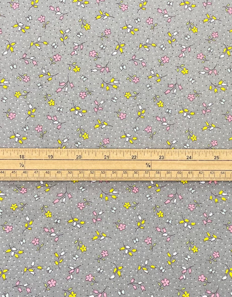 Not Specified Cotton Poplin Yellow / Floral Yellow & Pink Ditsy Floral on Grey, Printed Cotton Poplin Fabric 12380