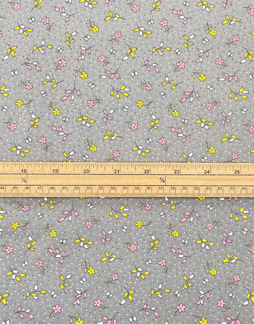 Not Specified Cotton Poplin Yellow / Floral Yellow & Pink Ditsy Floral on Grey, Printed Cotton Poplin Fabric 12380