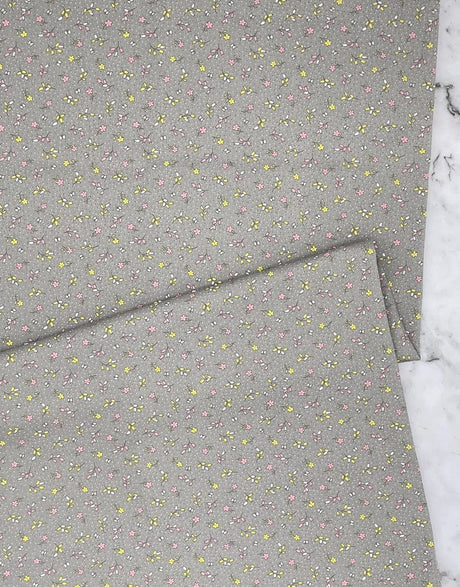 Not Specified Cotton Poplin Yellow / Floral Yellow & Pink Ditsy Floral on Grey, Printed Cotton Poplin Fabric 12380