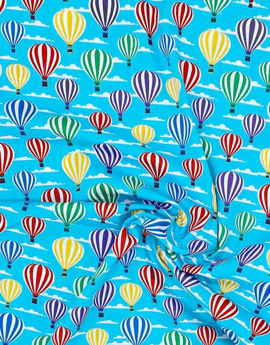 Not Specified Cotton Poplin Blue / Kid's Hot Air Balloons, Printed Cotton Poplin Fabric 12381