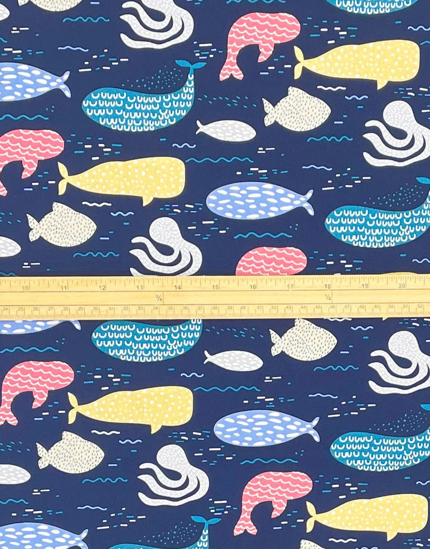 Not Specified Cotton Poplin Blue / Kid's Whales, Printed Cotton Poplin Fabric 12386