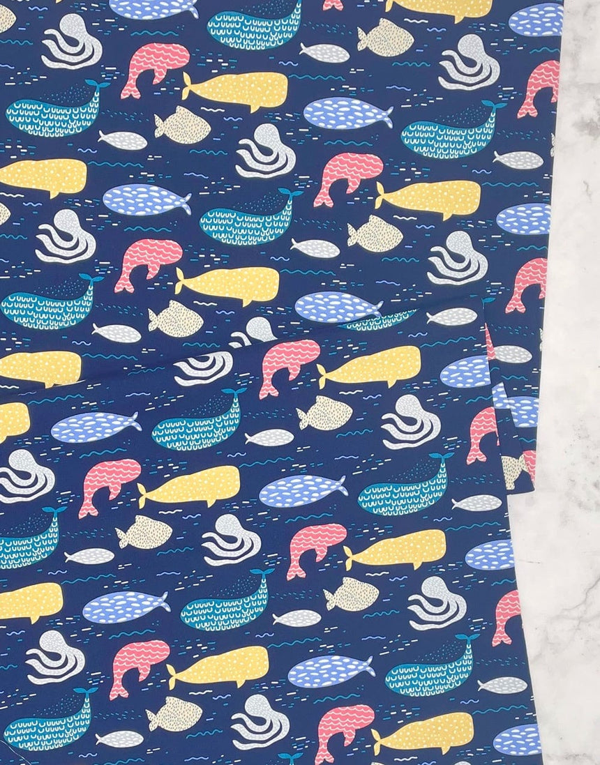 Not Specified Cotton Poplin Blue / Kid's Whales, Printed Cotton Poplin Fabric 12386