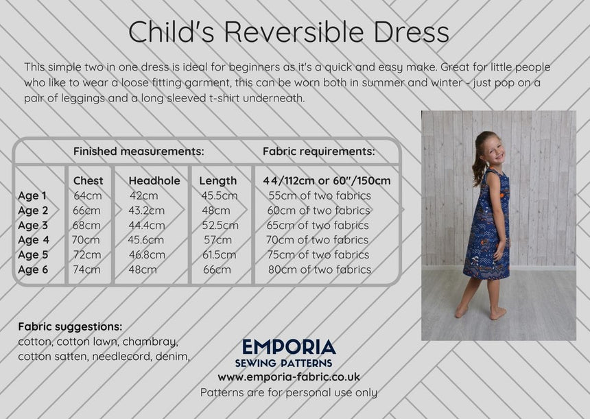 Emporia Patterns Children's Clothing Reversible Girl's A-Line Dress Sewing Pattern, Emporia Patterns 14693