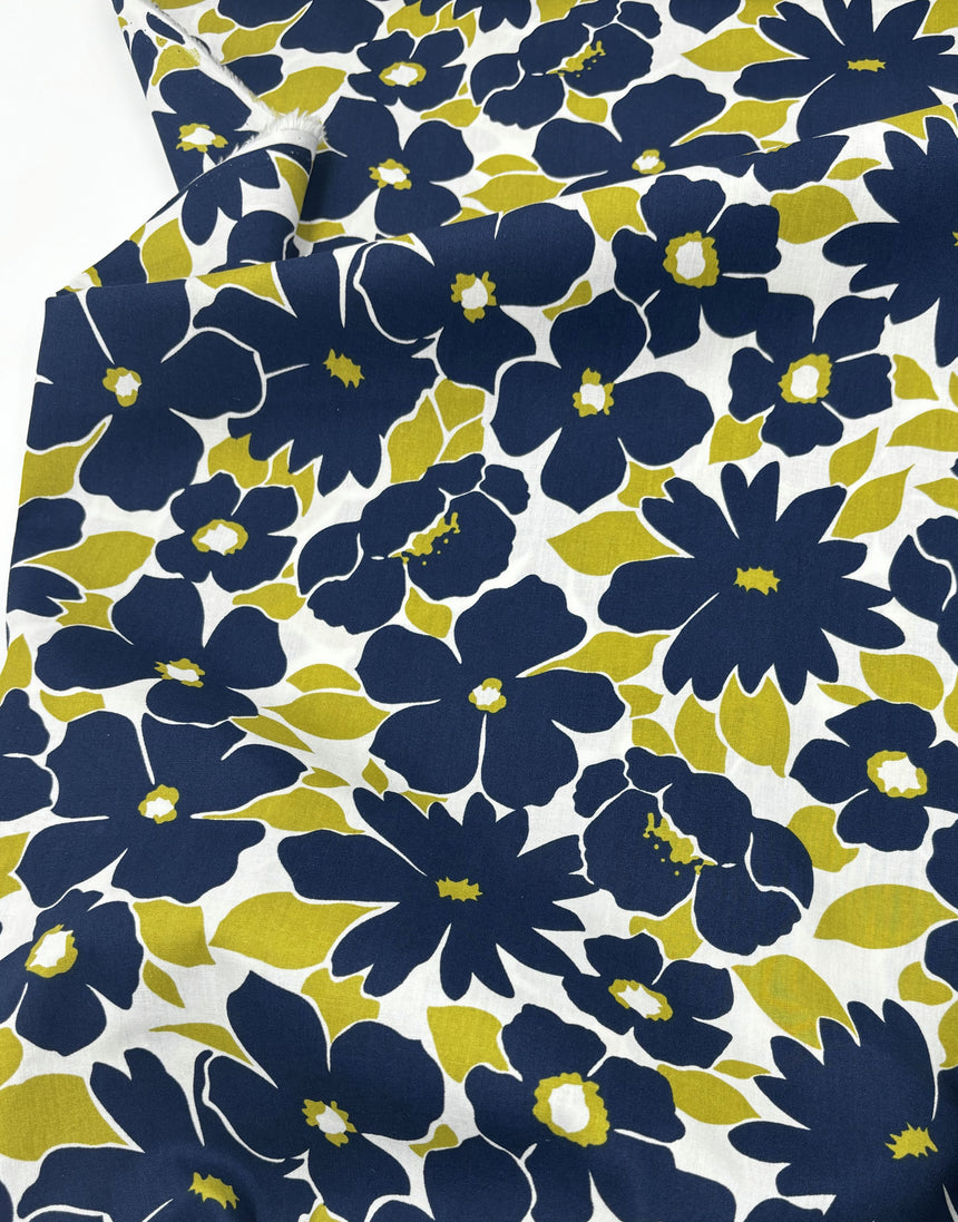 Navy Bold Flower Print Cotton Poplin Fabric