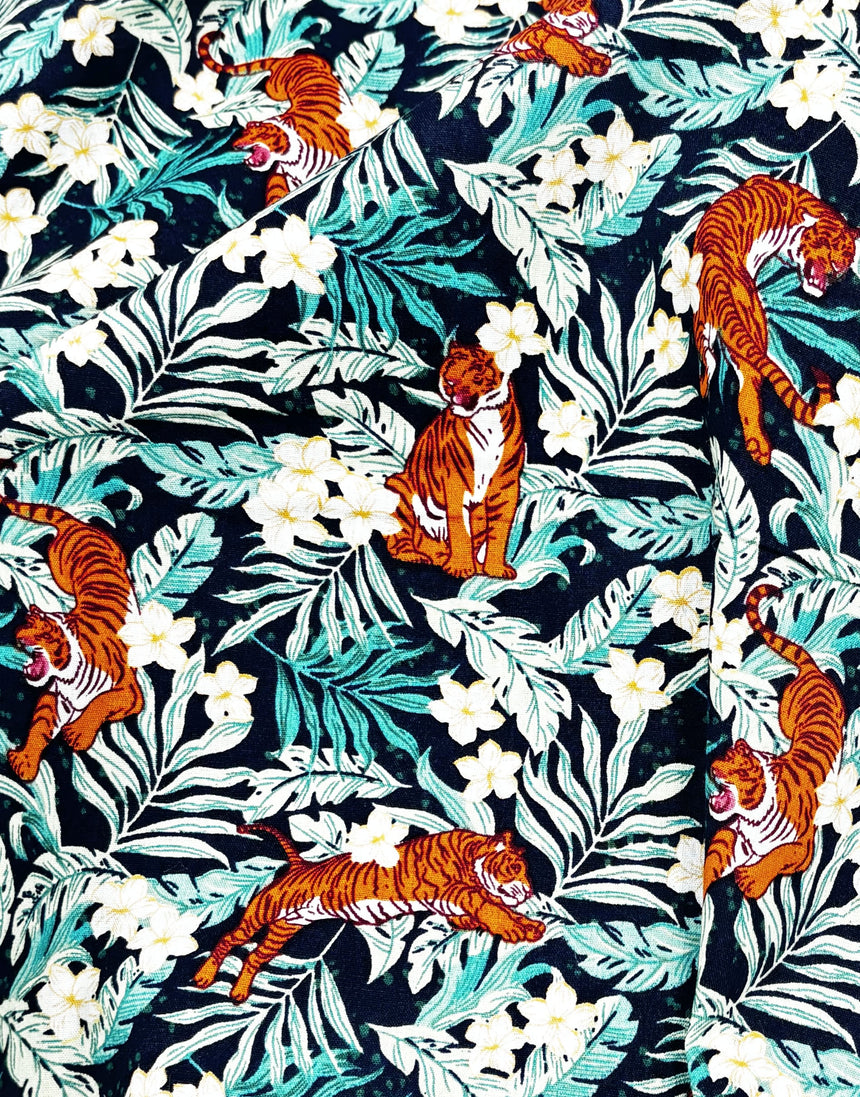 Tiger Jungle on Black Cotton Poplin Fabric