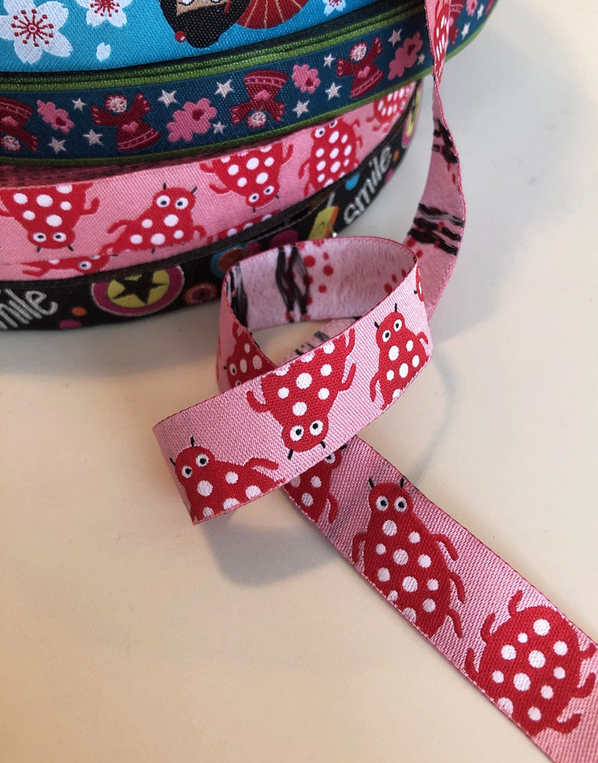 Not Specified Ribbon & Trimming Pink Ladybirds 15mm Woven Ribbon by Helga and Friends PinkLadybirdsDefaultTitle