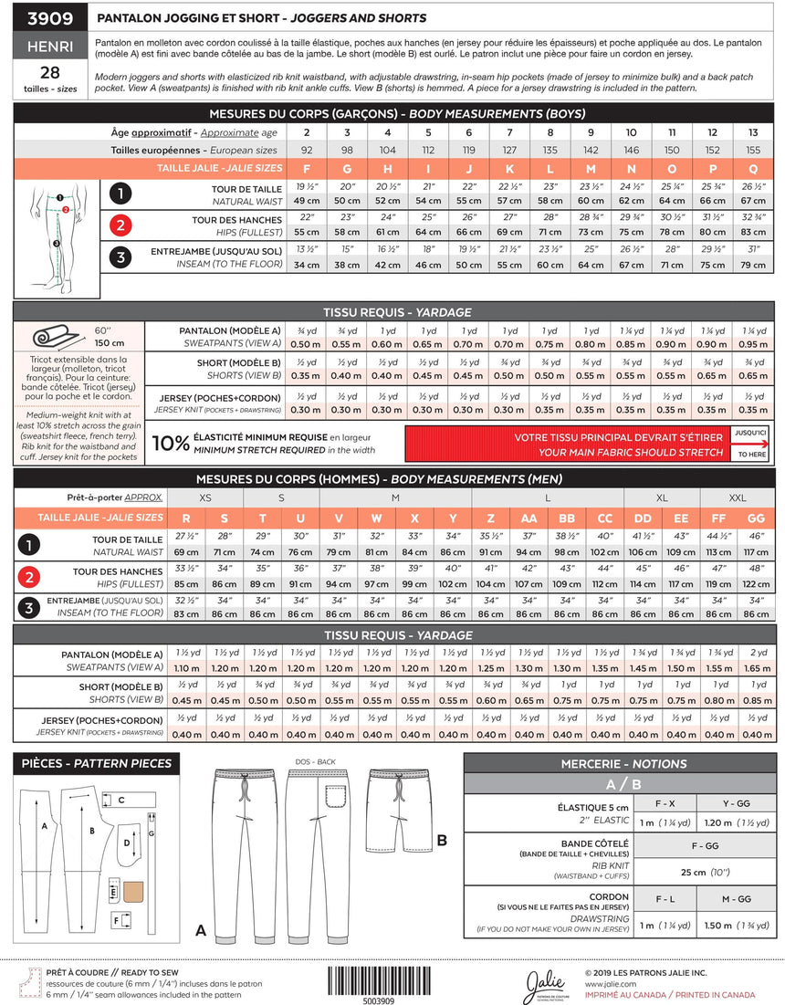 Jalie Trousers & Shorts Unisex Henri Joggers & Shorts for Kids & Adults, Jalie Sewing Pattern 5003909