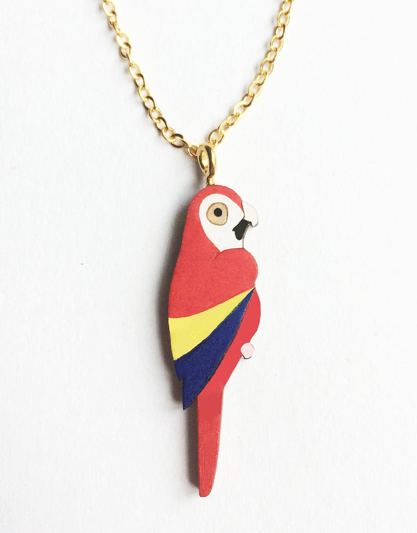 Kirstin Stride Gifts Scarlet Macaw Hand Painted Wooden Bird Necklace by Kirstin Stride