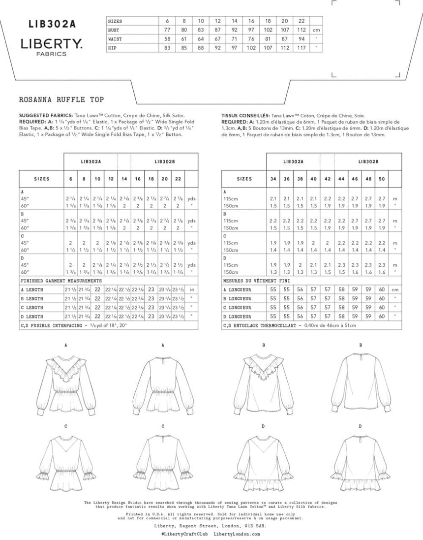 Liberty Fabrics Tops Shirts & Blouses Rosanna Ruffle Top Sewing Pattern, Liberty Fabrics