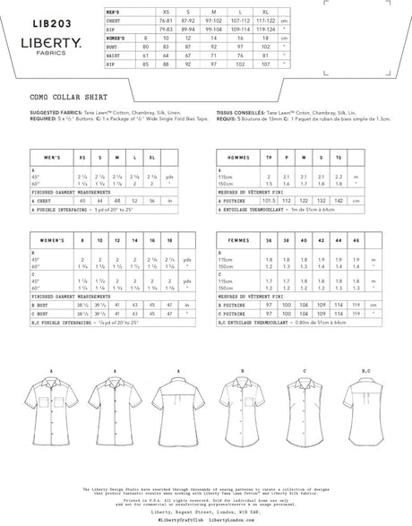 Liberty Fabrics Tops Shirts & Blouses Como Unisex Collar Shirt Sewing Pattern, Liberty Fabrics 12763