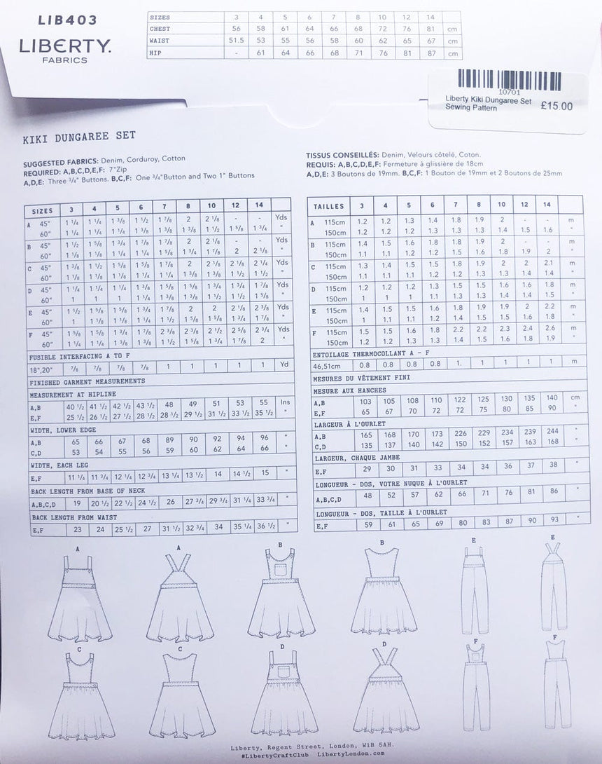 Liberty Fabrics Children's Clothing Kiki Dungaree Set Children's Sewing Pattern, Liberty Fabrics 10701