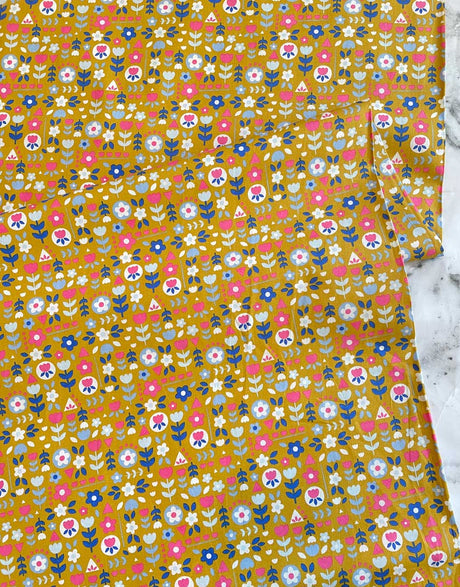 Not Specified Cotton Poplin Yellow / Floral Ochre Flower Motif Cotton Poplin Fabric 14515