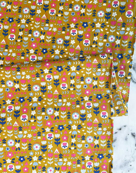 Not Specified Cotton Poplin Yellow / Floral Ochre Flower Motif Cotton Poplin Fabric 14515