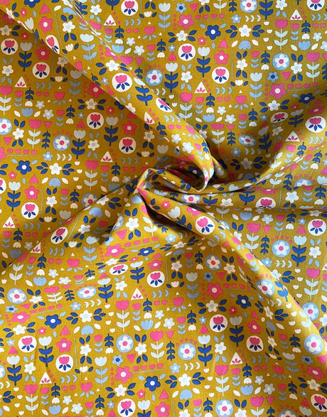 Not Specified Cotton Poplin Yellow / Floral Ochre Flower Motif Cotton Poplin Fabric 14515